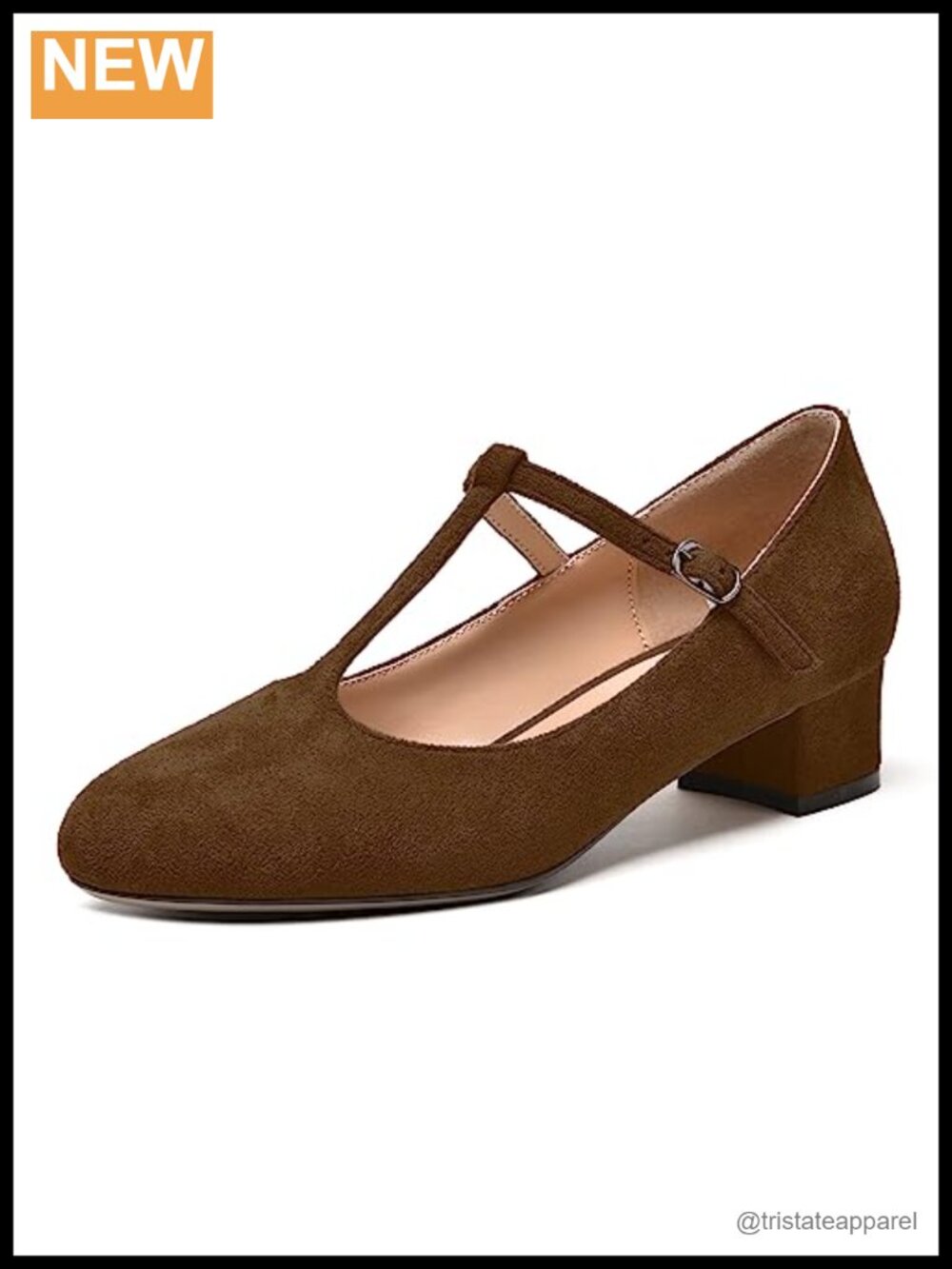 Womens Suede T Strap Buckle Chunky Low Heel Round Toe Pumps Shoes 1.5 Inch